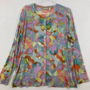LOGO Lori Goldstein size XL Colorful Mesh Stretch Long Sleeve Button Down Boho